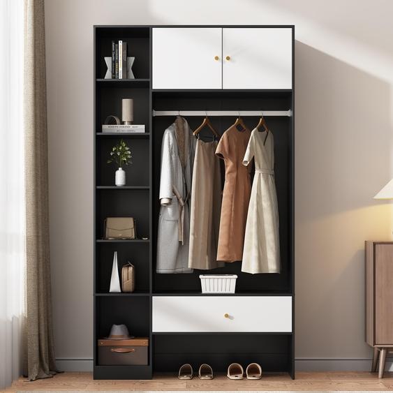 Armoire Clinvia, armoire de rangement, armoire compacte noir et blanc – ensemble darmoires à double porte, 6 étagères, tringle à vêtements et tiroirs, 105 x 185 x 40 cm