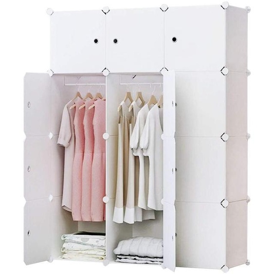 Armoire composée de 12 cubes, système darmoire modulaire, système détagères, armoire en plastique avec portes et 2 cintres, autocollants supplémentaires inclus