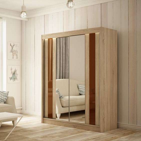 Armoire Cosmo 200 cm avec 2 portes coulissantes Livraison à domicile Tringle à vêtements Penderie Armoire (couleur : chêne sonoma, façade chêne sonoma, lacobel chocolat)
