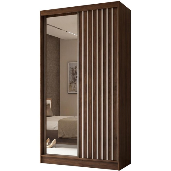 Armoire coulissante Erika de 120 cm avec lamelles et miroir, comprenant une barre de vêtements et un espace de rangement (couleur : noyer Warmia, blanc)