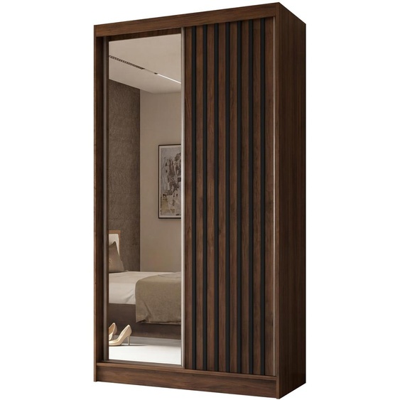 Armoire coulissante Erika de 120 cm avec lamelles et miroir, comprenant une barre de vêtements et un espace de rangement (couleur : noyer Warmia, noir)