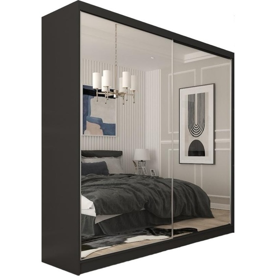 Armoire Darix de 200 cm avec miroir, 2 portes coulissantes (couleur : noir)