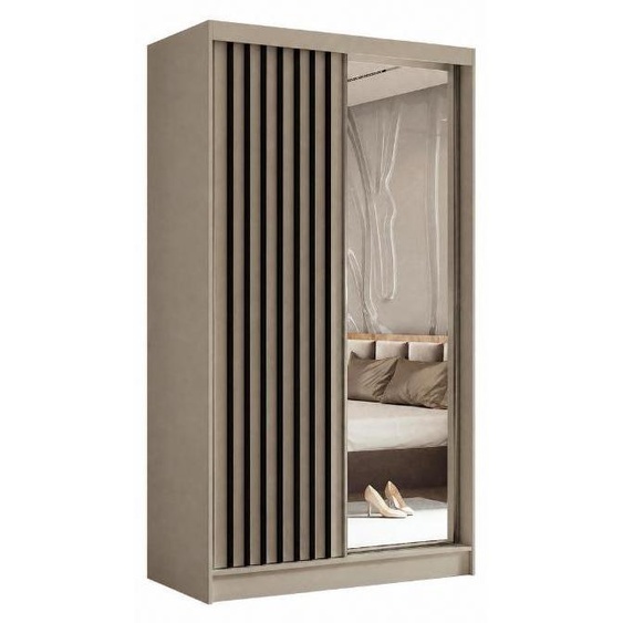 Armoire de 120 cm Erika avec lamelles et miroir, modèle coulissant. Comprend une barre de vêtements et un espace de rangement. (Couleur : cachemire, noir)