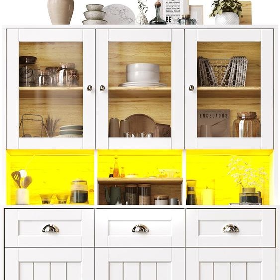 Armoire de cuisine (140×40×175cm), Armoire haute buffet de cuisine, Armoire vitrine, Armoire buffet avec étagères réglables, Sideboard avec éclairage LED, Noir , MDF