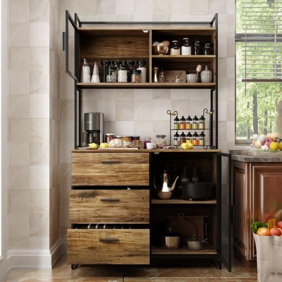 Armoire de cuisine haute buffet de cuisine avec 3 tiroirs et 2 portes, style industriel, étagère ouverte, étagère pour micro-ondes, 100 x 40 x 175 cm