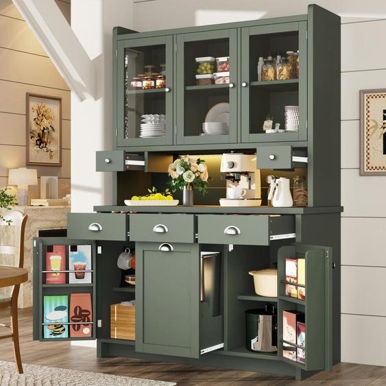 Armoire de cuisine haute capacité, avec éclairage LED contrôlé par application et trois portes en verre, un choix idéal pour toute cuisine. Dimensions : 180 x 120 cm. Couleur : vert