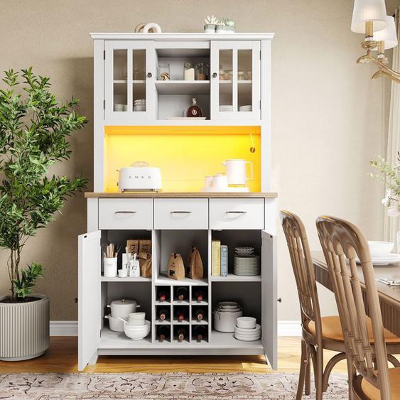 Armoire de cuisine-L106*W40*H179.5-étagères réglables-éclairage LED-3 tiroirs-MDF- Armoire haute buffet de cuisine- Blanc
