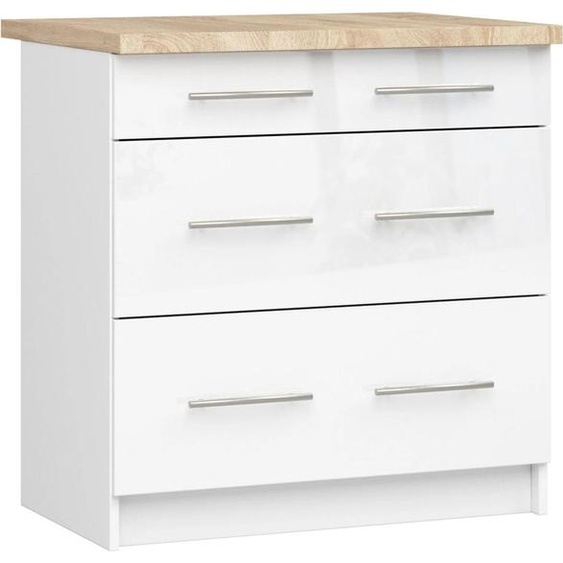 Armoire de cuisine OLIWIA S80 3S Blanc Brillant avec 3 Tiroirs et Tiroirs Verrouillables