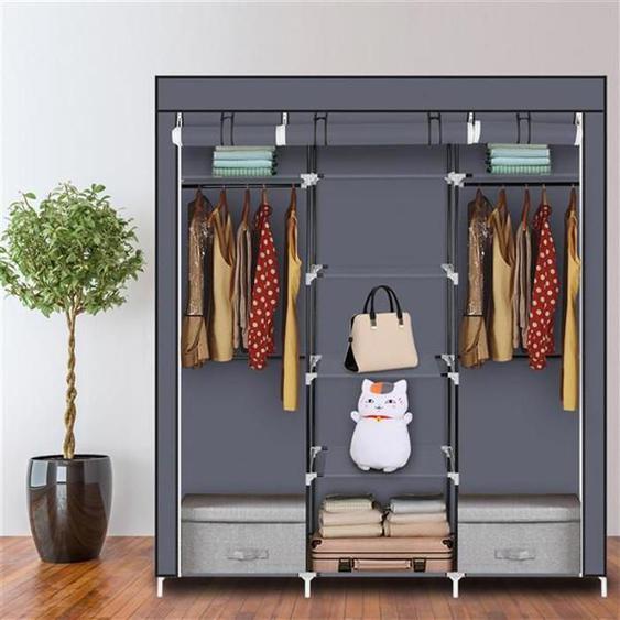 Armoire de Rangement, 150*45*175 CM-Penderie Portable avec Barre de Suspension, Porte-vêtements Pliable, Chambre,GRIS