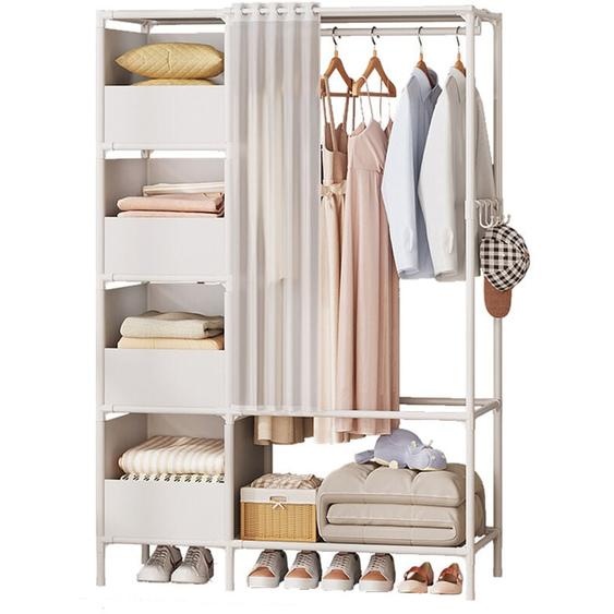 Armoire de Rangement 170x105x45 cm en Blanc Penderie Garde-Robe Avec 4 Boites en Tissu
