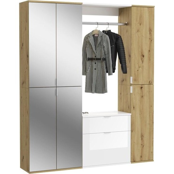 Armoire de rangement 6 portes, 4 miroirs, 2 tiroirs et une penderie – Blanc et chêne – BODITE