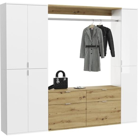 Armoire de rangement 6 portes, 4 tiroirs et 1 penderie – Blanc et chêne – BODITE