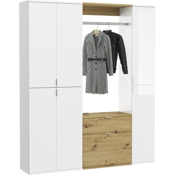 Armoire de rangement 6 portes, 4 tiroirs et 1 penderie – Blanc et chêne – BODITE