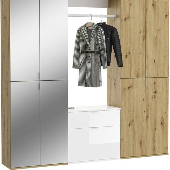 Armoire de rangement 8 portes, 4 miroirs, 2 tiroirs et une penderie – Blanc et chêne – BODITE