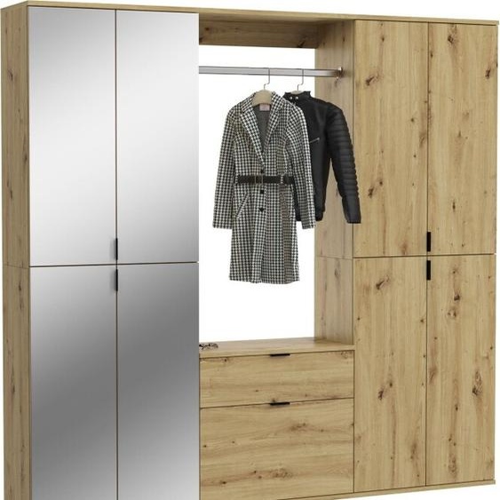 Armoire de rangement 8 portes avec miroirs + penderie et tiroirs – Chêne clair – BODITE