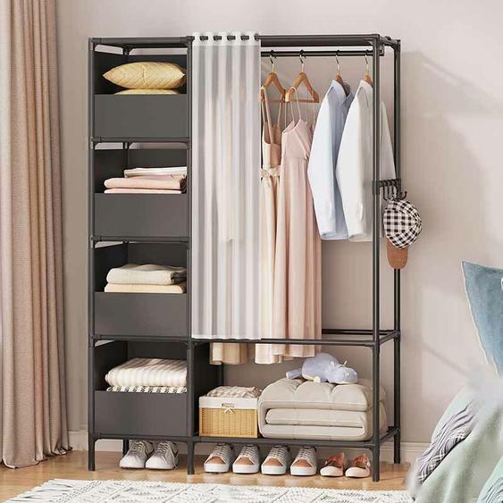 Freosen - Armoire de Rangement Chambre 170x105x45cm en Noir Penderie Garde-Robe Avec 4 Boites en Tissu