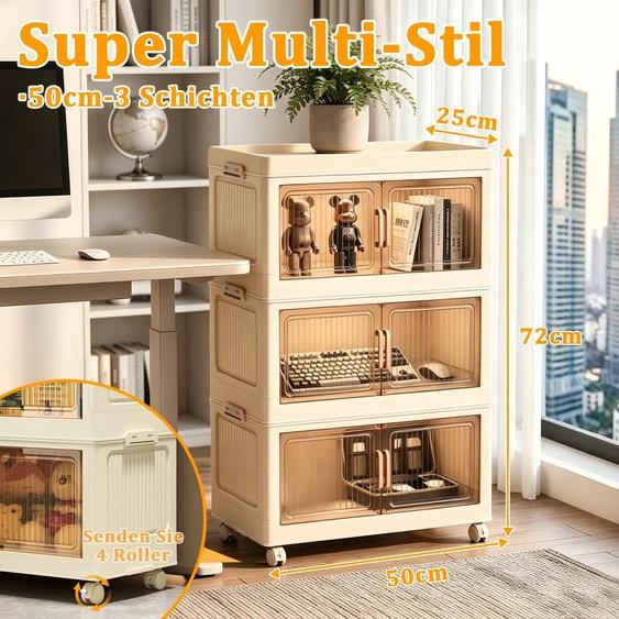 Armoire de rangement mobile - Armoire à vêtements sur roulettes - 3 niveaux - 50 cm de largeur - En plastique - Portes transparentes - Empilable - Avec roulettes