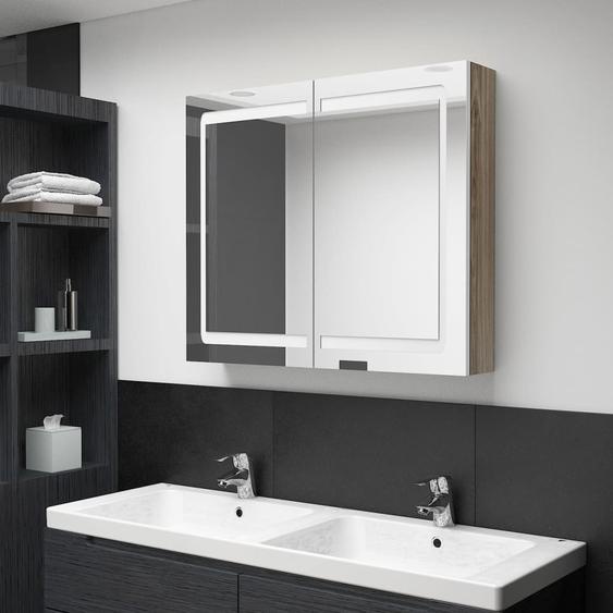 Armoire de salle de bain à miroir à LED Blanc et chêne
