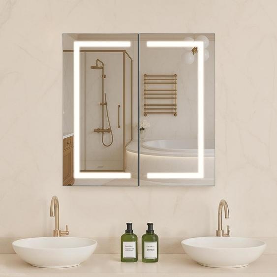 Armoire de salle de bain avec éclairage LED, dimensions 65 x 65 cm. Peut être encastrée ou fixée au mur. Lumière tricolore avec variateur dintensité, fonction anti-buée et prise électrique intégrée