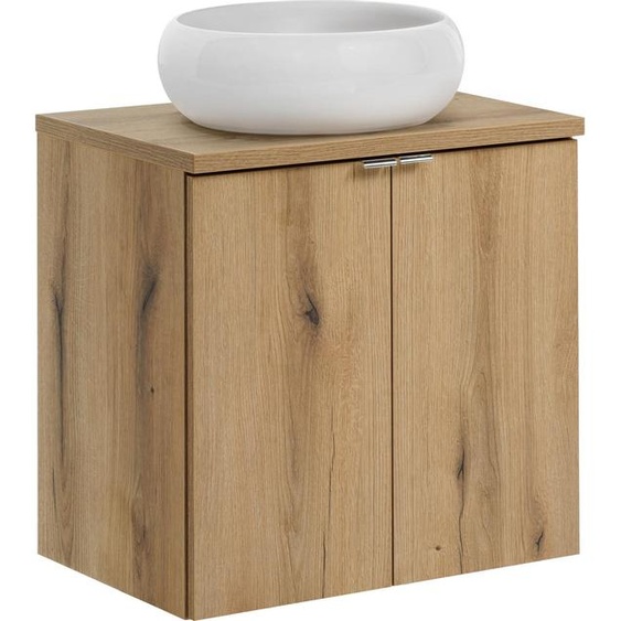 Armoire De Salle De Bain Avec Lavabo 60 Cm En Chêne, Vasque Ronde, Plan De Travail