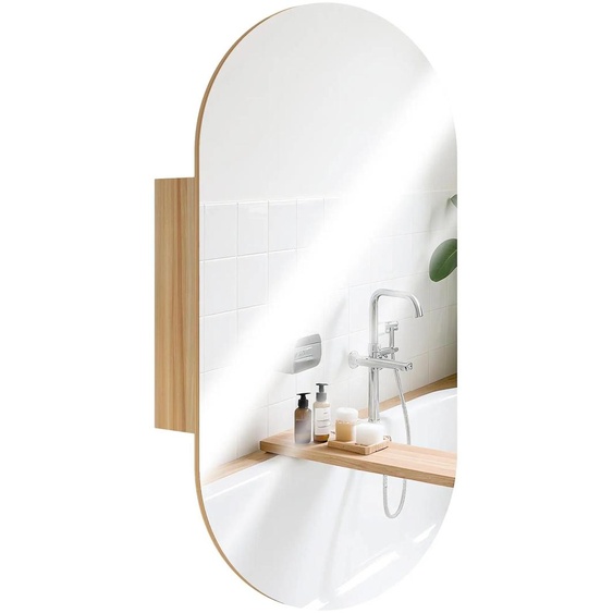 Armoire de salle de bain avec miroir - Armoire miroir murale - Miroir ovale de 45x90 cm - Bois naturel - 2 étagères - Avec éclairage - Beige