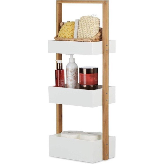 Armoire de salle de bain en bambou, modèle à 3 portes - Blanc/Naturel - 76 x 30 x 185 cm