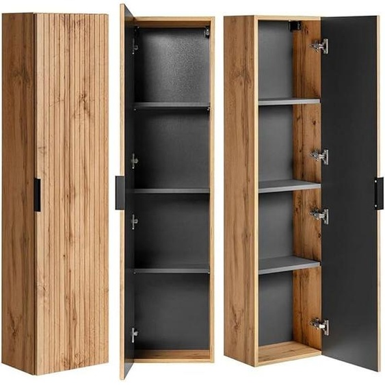 Armoire de salle de bain, meuble haut à 2 portes, en bois imitation chêne Wotan texturé, largeur 35 cm, meuble dappoint pour salle de bain, meuble de salle de bain. Dimensions : largeur 35 cm / hauteur 140 cm / profondeur 25 cm