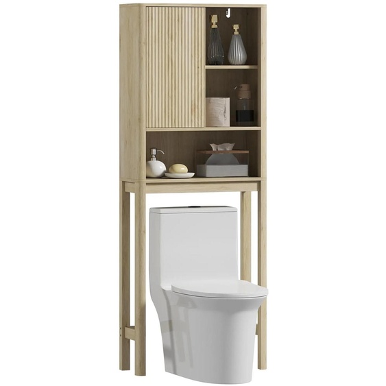 Armoire de salle de bain - Meuble haut à placer au-dessus des toilettes - Bois - Étagères réglables - Éclairage miroir intégré - Design moderne - 65 x 25 x 170 cm - Blanc