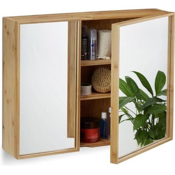 Relaxdays Armoire de salle de bain miroir 2 portes armoire de toilette en bambou HxlxP: 50 x 65 x 14 cm, nature
