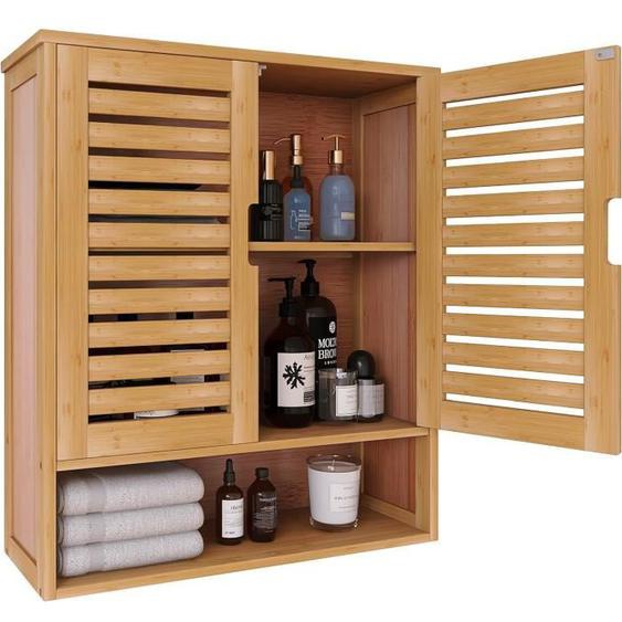 Armoire de Salle de Bain Murale - AUTREMENT - Modèle en Bambou - 2 Portes - Étagères Réglables - Gain de Place