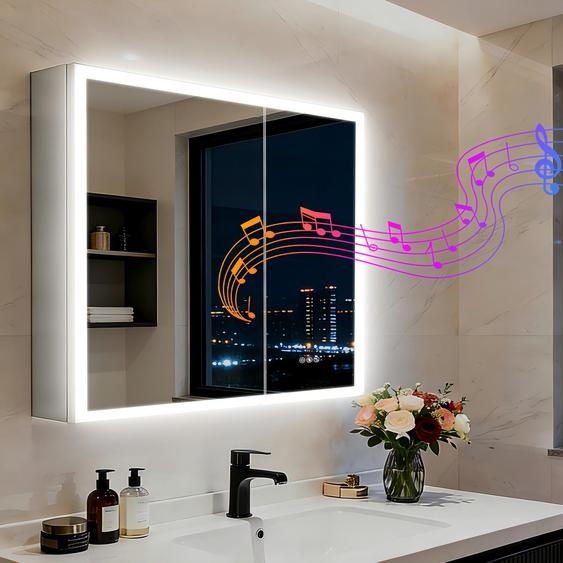 Armoire de salle de bain WISFOR avec miroir, éclairage et connectivité Bluetooth, dimensions 80x70 cm. Armoire miroir murale avec technologie anti-buée et système Bluetooth. Armoire de salle de bain à 2 portes