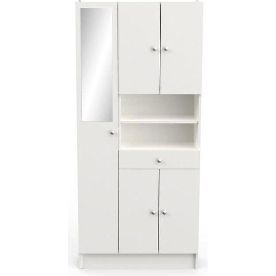Armoire de salle de bains haute, 5 portes, 1 tiroir, 2 niches, miroir, 82 x 32 x 180 cm, blanc mat, fabriquée en France