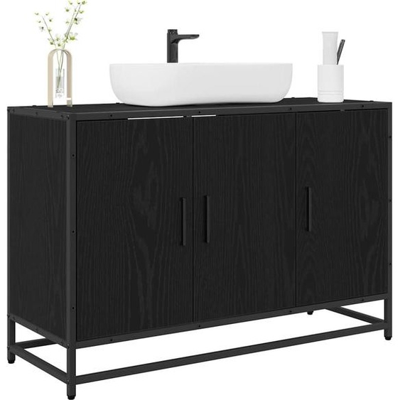 Armoire de salle de bains lavabo avec étagère noir imitation chêne