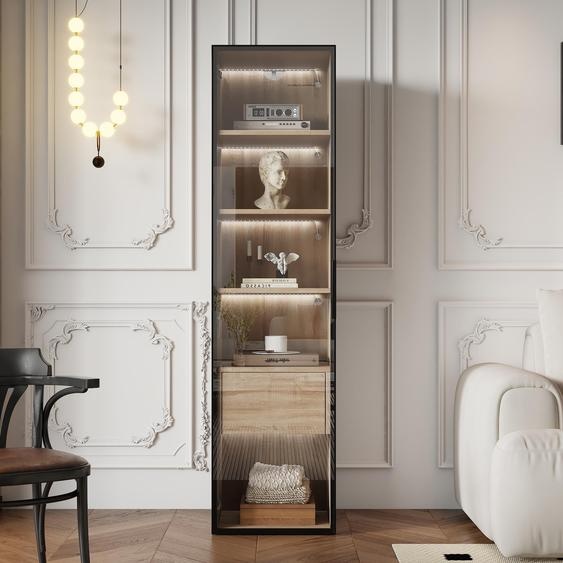 Armoire de salle de bains Sweiko, moyenne, avec baguette lumineuse, largeur 40 cm, avec 1 grand tiroir et 1 porte, porte en verre