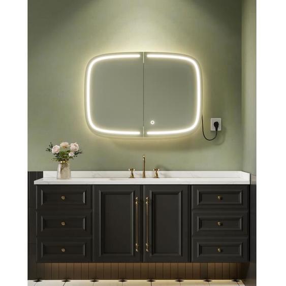 Armoire de Toilette avec Éclairage, avec 2 Prises AC, 2 Prises USB, 2 Étagères Réglables, Coins Arrondis, Miroir, Noir d’Encre