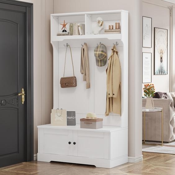 Armoire dentrée blanche avec banc et espace de rangement – Armoire de vestiaire avec 4 crochets et 2 compartiments ouverts, assise avec espace de rangement en dessous, idéale pour le couloir et lentrée