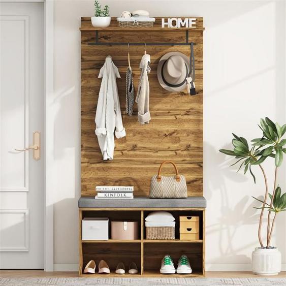 Armoire dentrée en bois avec banc à chaussures, étagères réglables, cintres et rembourrage, 84 x 32*175 cm, marron
