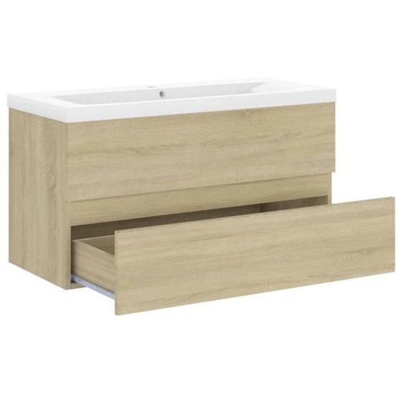 Armoire dévier - AKOZON - Chêne sonoma - Lavabo intégré - 1 tiroir - 90x38,5x45 cm