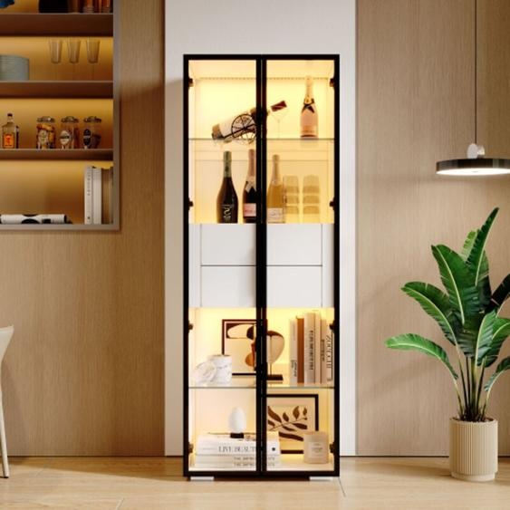 Armoire dexposition avec éclairage LED, Vitrine, Meuble de Rangement avec étagères, 2 Portes et 2 tiroirs, pour Restaurant, Bureau, Cuisine,