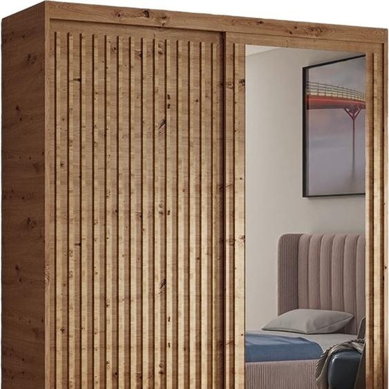 Armoire Dora avec lamelles et miroir 160 cm, 2 portes coulissantes incluses Armoire à portes coulissantes (couleur : artisan, artisan, lamelles artisan)