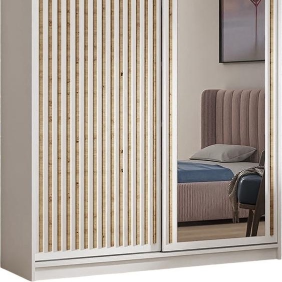 Armoire Dora avec lamelles et miroir 160 cm, 2 portes coulissantes incluses Armoire à portes coulissantes (couleur : blanc, blanc, lamelles artisan)