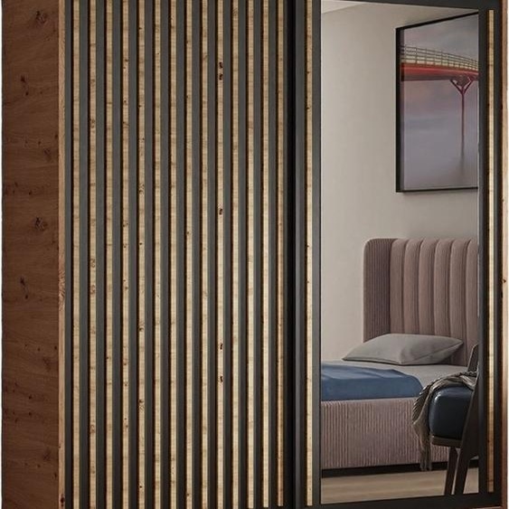 Armoire Dora avec lamelles et miroir 180 cm, 2 portes coulissantes incluses Armoire à portes coulissantes (couleur : artisan, noir, lamelles artisan)