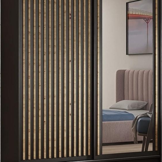 Armoire Dora avec lamelles et miroir 180 cm, 2 portes coulissantes incluses Armoire à portes coulissantes (couleur : noir, noir, lamelles artisan)