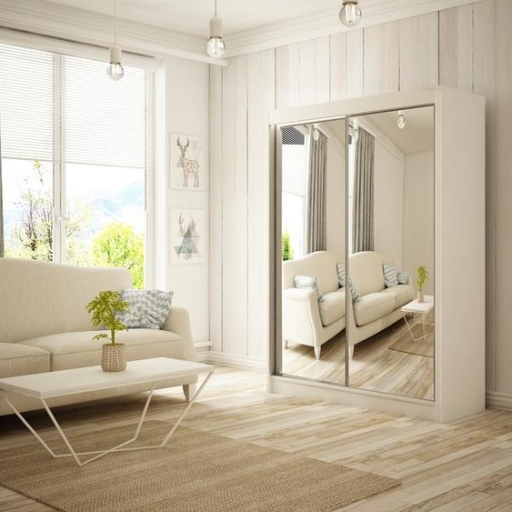 Armoire Elsa 120 cm avec 2 portes coulissantes et miroir Livraison à domicile Tringle à vêtements Penderie Armoire Armoire haute Chambre à coucher (Couleur : blanc)