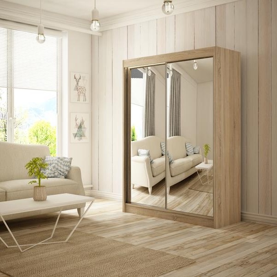 Armoire Elsa 150 cm avec 2 portes coulissantes et miroir, tringle à vêtements, penderie, armoire, livraison à domicile (couleur : chêne sonoma)