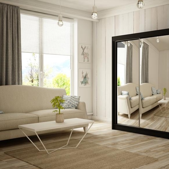 Armoire Elsa 200 cm avec 2 portes coulissantes et miroir, tringle à vêtements, penderie, livraison à domicile (couleur : noir)