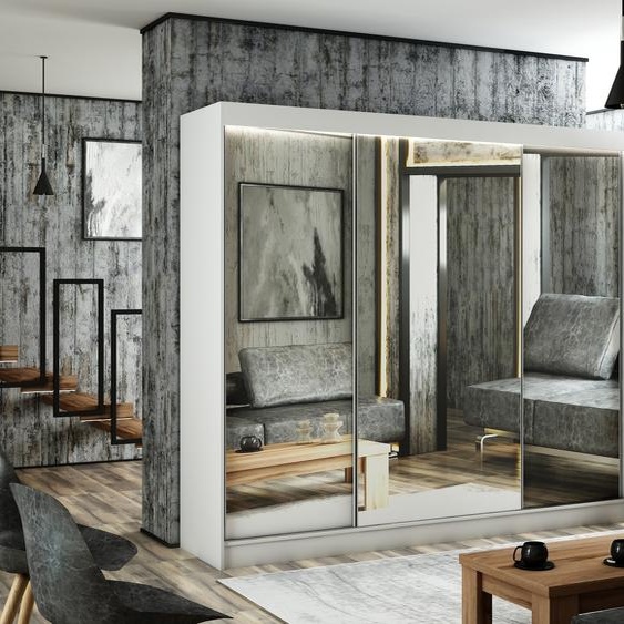 Armoire Elsa 250 cm avec 3 portes coulissantes et miroir, tringle à vêtements, penderie, livraison à domicile (couleur : blanc)