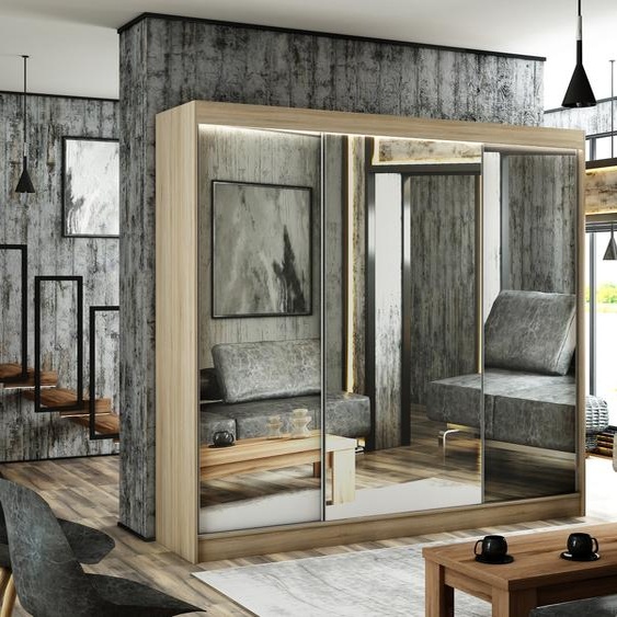 Armoire Elsa 250 cm avec 3 portes coulissantes et miroir, tringle à vêtements, penderie, livraison à domicile (couleur : chêne sonoma)