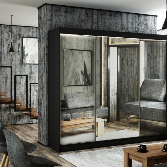 Armoire Elsa 250 cm avec 3 portes coulissantes et miroir, tringle à vêtements, penderie, livraison à domicile (couleur : noir)