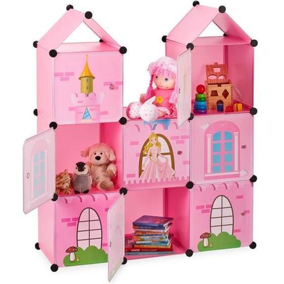 Relaxdays Etagère emboîtable chambre denfants,Château de princesse, Plastique, Armoire DIY avec portes, HlP128x110x37cm